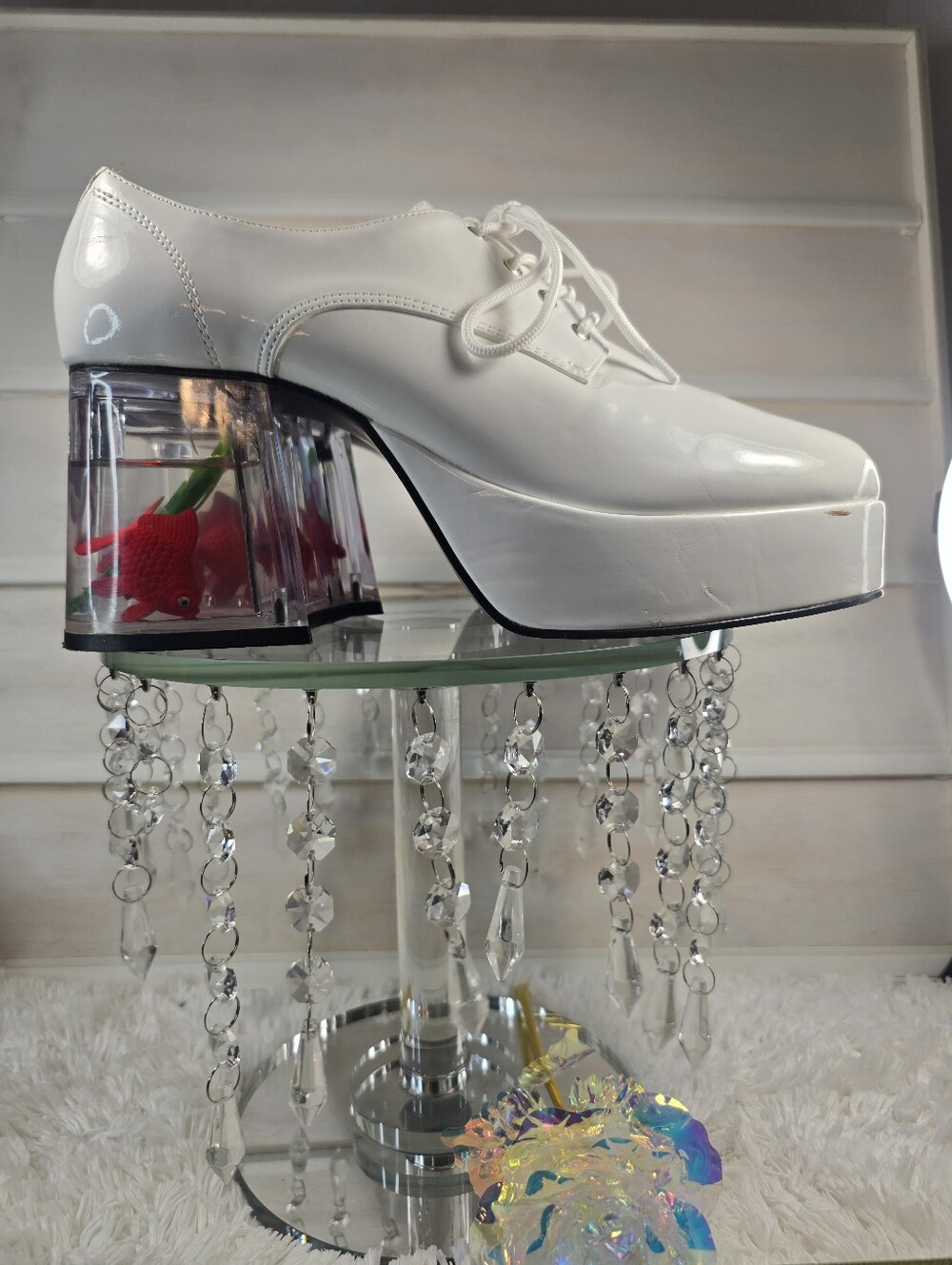 iconic Goldfish heels- White Platform Lace-Up Heels with Clear fish tank